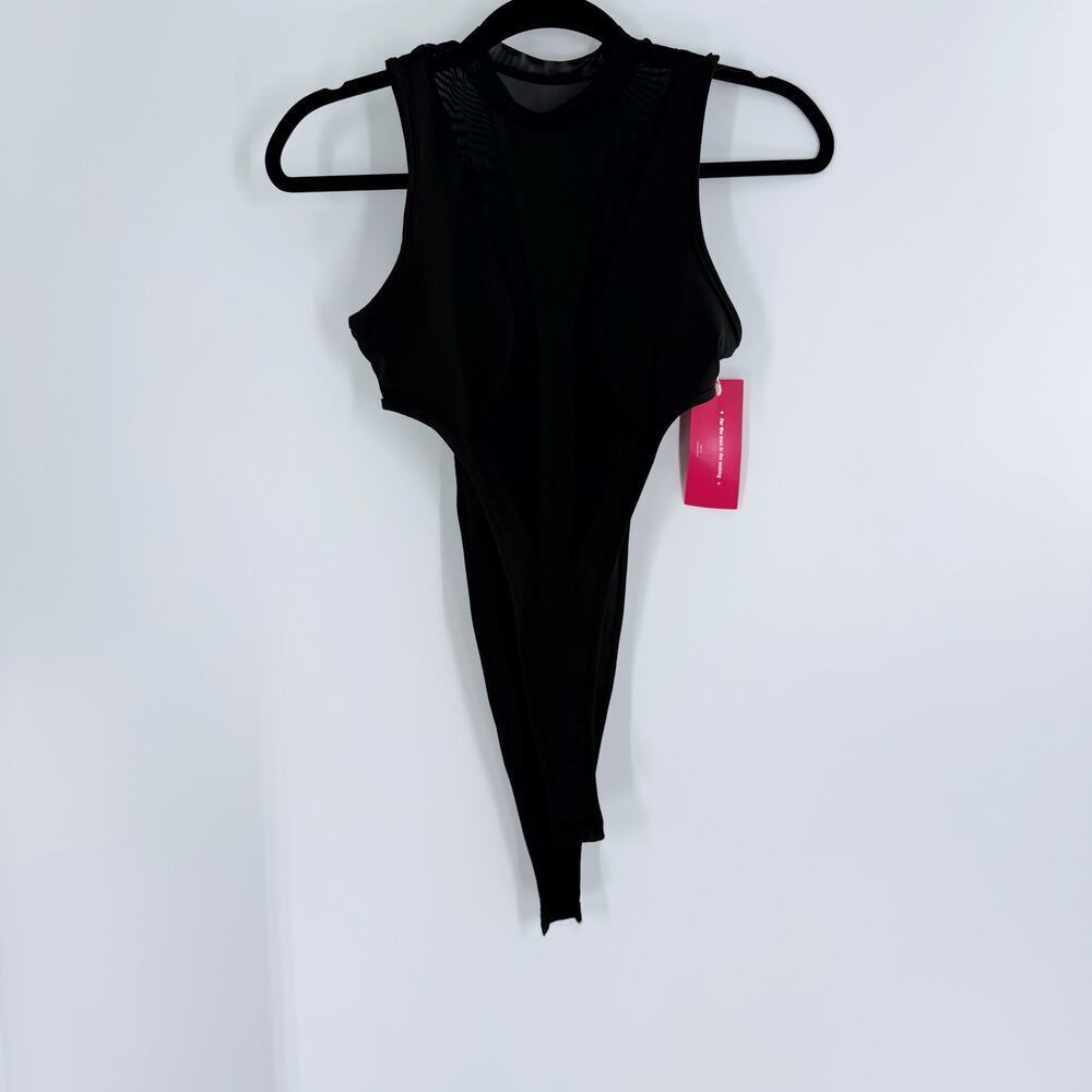 NWT Women’s Black Mesh Panel High Leg Mock Neck Bodysuit Size XS - Picture 4 of 4